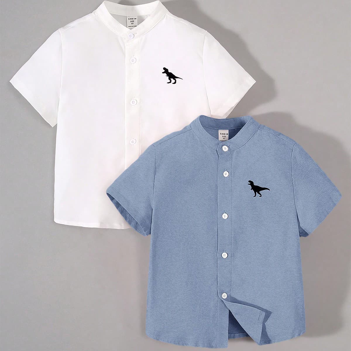 2 Pièces T-shirt À Motifs De Dinosaures Pour Jeunes Garçons, Confortable, À La Mode, Simple, Tout Assorti, Col Montant